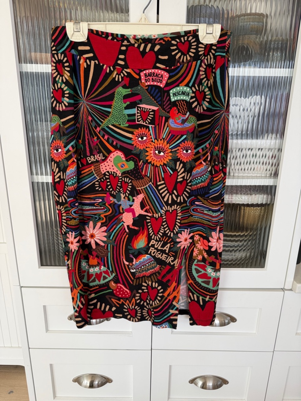 FARM Rio Black Multi Carnival-Print Midi Skirt